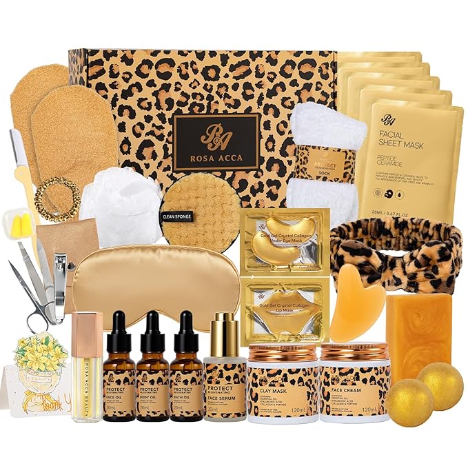 Leopard 32 Pcs Facial Skin Care Set, Spa & Self-Care Gifts, Bath and Body Gifts for Women, Lip Oil, Face Sheet Mask, Bath Oil, Hyaluronic Acid, Birthday, Christmas, Valentines