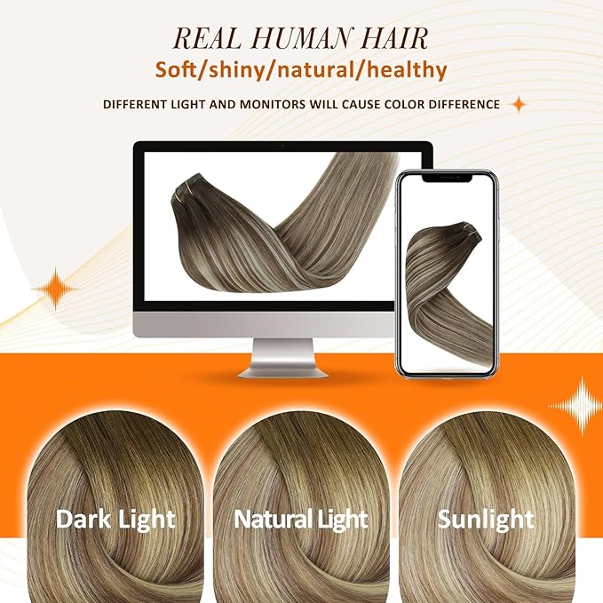 Full Shine Balayage Human Hair Clip in Extensions Brown Ombre Clip in Hair Extension Light Brown Mix Blonde Invisible Hair Extension 18 Inch 120 G 8 PCS