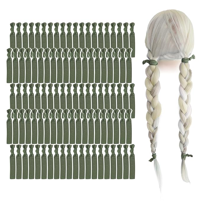 MEEDEE 100 Pack Moss Green Color Hair Ties For Women No Crease Soft Elastic Ribbon No Damage Moss Green Hair Ties Knotted Ouchless Hair Ribbon Yoga Hair Ribbons Elastic Bracelets