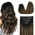 GOO GOO Clip in Hair Extensions Real Human Hair, Remy Human Hair Extensions Clip ins for Women, Natural Human Hair, 16inch 130g 7Pcs, 1B/6/1B Balayage Natural Black to Chestnut Brown