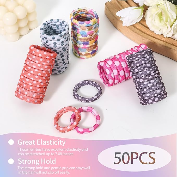 Bessrung 50 Pack Seamless Polka Hair Ties, No Damage Elastics Hair Ties for Women Girls, Soft Stretchy Ponytail Holders for Thin Thick Hair, Snag-Free Hair Bands Christmas Gift(Multicolored)