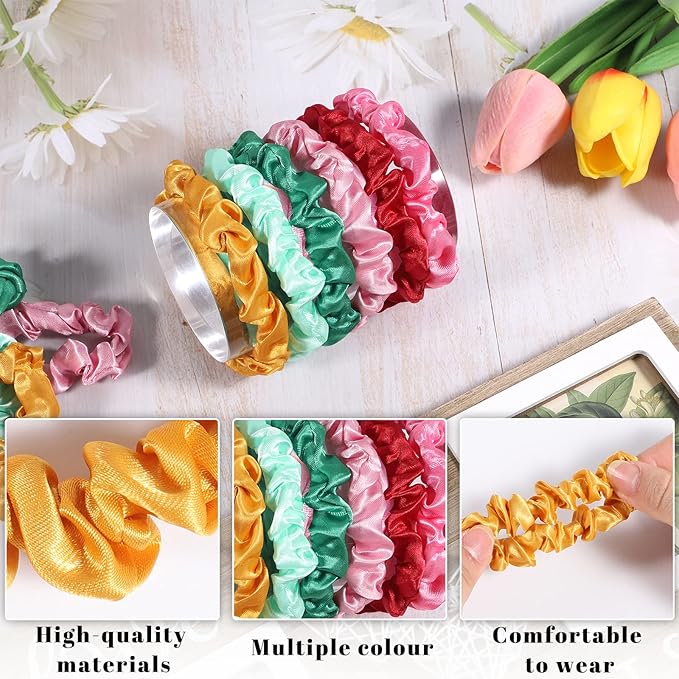 Pengxiaomei 12Pcs Satin Hair Scrunchies, Bright Colors Elastic Hair Bands Hair Accessories for Women Girls, Ideal Summer Wedding Gift