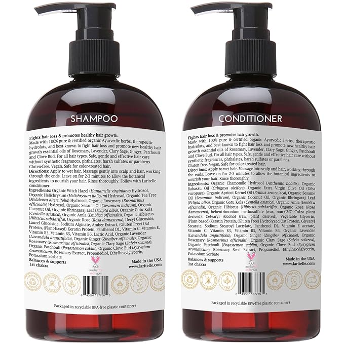 Laritelle Organic Hair Growth Set Shampoo 17 oz + Conditioner 16 oz + Hair Loss Treatment 4 oz Ayurvedic Herbs, Lavender, Ginger, Rosemary NO GMO, Sulfates, Gluten, Alcohol, Parabens, Phthalates