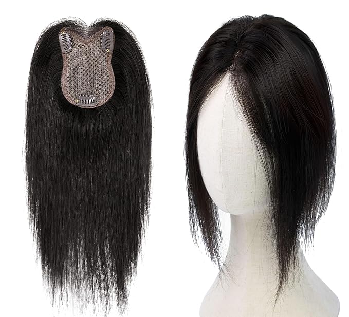 8x11cm Breathable Hair Topper, 12 inches 35g 120% Density Real Human Hair, 3 Non-Slip BB Clips, Wearable on Left, Right & Middle Part, Versatile Styling for Hair Loss & Volume Boost (Black)