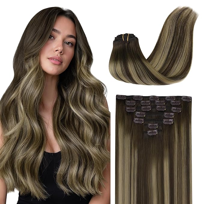 GOO GOO Clip in Hair Extensions Real Human Hair, Remy Human Hair Extensions Clip ins for Women, Natural Human Hair, 14inch 120g 7Pcs, 4/26/4 Balayage Chocolate Brown to Honey Blonde