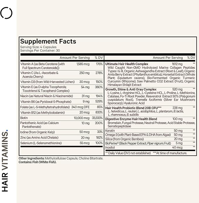 Codeage Hair Vitamins 10000 mcg Biotin, Keratin, Collagen, Vitamin A, B12, C, D3, E, Zinc, Turmeric, Probiotics, Enzymes, Inositol - Hair Care Support - Healthy Hair Supplement Pills - 120 Capsules