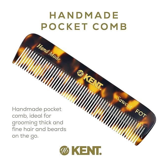 Kent FOT TY Fine Tooth Comb for Men - Handmade Pocket Comb for Travel, Styling, Fine or Thinning Hair, Mustache and Beard Care Handpolished Saw-Cut Made in England