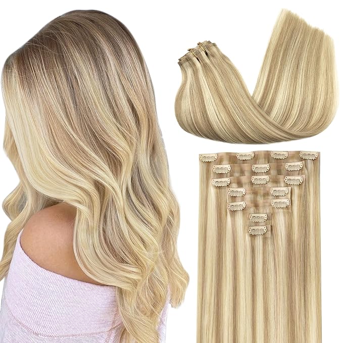 GOO GOO Clip in Hair Extensions Real Human Hair, Remy Human Hair Extensions Clip ins for Women, Natural Human Hair, 18inch 110g 7Pcs, 18A/613A Dark Blonde Highlighted Bleach Blonde