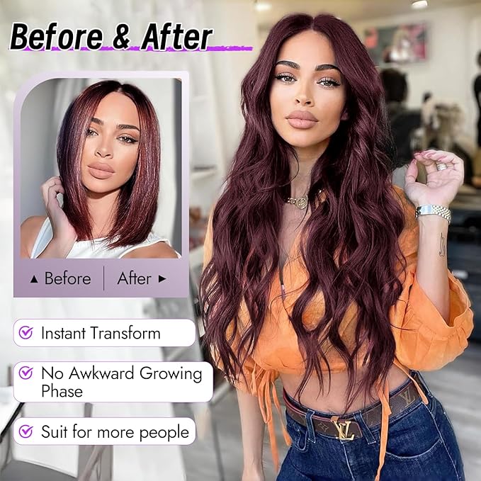 Wine Red Wig for Women Long Wavy 4x1 Lace Natural Hairline Glueless for Beginners Middle Part Synthetic for Daily Party Use 26Inch