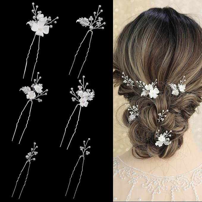 Handmade Pearl Bridal Wedding Hair Pins 6Pcs White Flower Gold Leaf Pearls Clips Bridal Hair Accessories for Women Brides Bridesmaid
