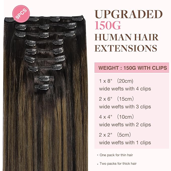 GOO GOO Clip in Hair Extensions Real Human Hair, Remy Human Hair Extensions Clip ins for Women, Natural Human Hair, 22inch 150g 9Pcs, 2/6/2 Balayage Dark Brown to Chestnut Brown