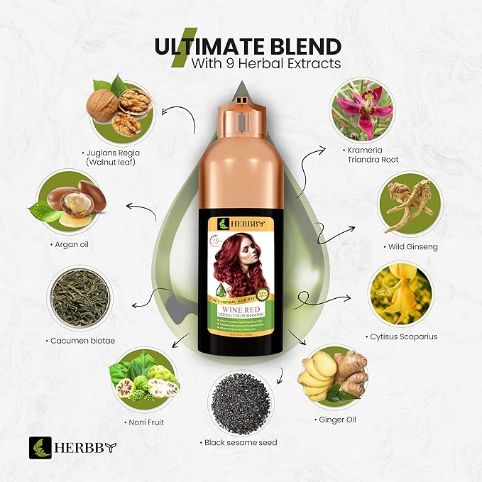 HERBBY Hair Color Shampoo for Gray Hair Coverage&Color Transform with 9 Herbal Extracts –Long Lasting(6-8 Weeks),Shiny,Evenly Colored,Instant Hair Dye Shampoo&Conditioner, 500 Ml (WINE RED COLOR)