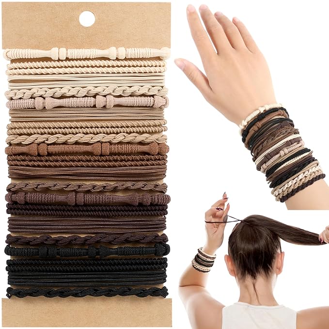 Boho Hair Ties, 20 PCS of 4 Styles Cute Bands for Thick or Thin Hair, No Damage Elastic Bracelets, Brown Hair Accessories for Girls and Women
