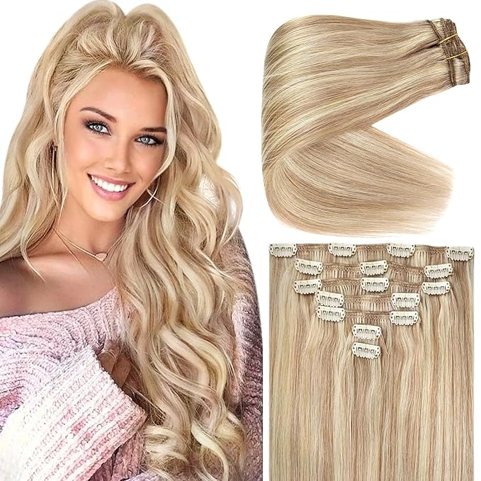 Ve Sunny Real Hair Extensions Clip in Human Hair Full Head Remy Blonde Hair Extensions Clip in Highlight Extension for Women Warm Color 7pcs 120g 18inch
