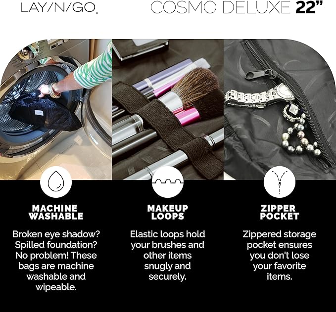 Lay-n-Go Cosmo Layflat Drawstring Cosmetic & Makeup Bag Organizer w/Zipper Pocket, Brush Loops & More, Cinch to Close, Lay Flat to Use, Durable, Machine Wash, Travel Toiletry Bag (22", Pink)