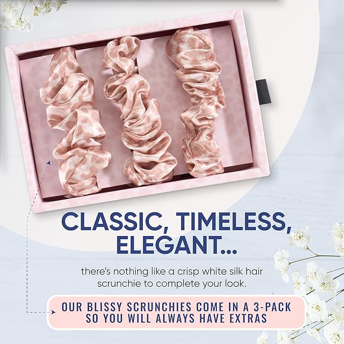 Blissy Silk Scrunchies (3 Pack) - 100% Pure Mulberry Silk - 22 Momme 6A High-Grade Fibers Scrunchie for Straight & Curly Hair (Nicole Miller - Mauve Cheetah, Regular)