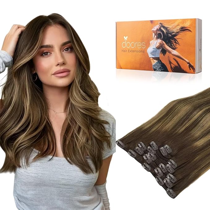 DOORES Clip in Human Hair Extensions 120g 7pcs 14 Inch Balayage Chocolate Brown to Caramel Blonde Straight Real Hair Extensions Clip in Remy Extensions Natural Hair Extensions