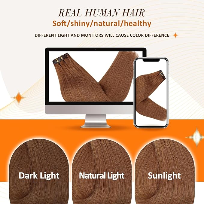 Full Shine Copper Red Clip in Hair Extensions 16 Inch Real Human Hair Natural Straight Pu Weft Auburn Brown Brazilian Hair Clips Healthy Ends 8 Pcs 120 Grams