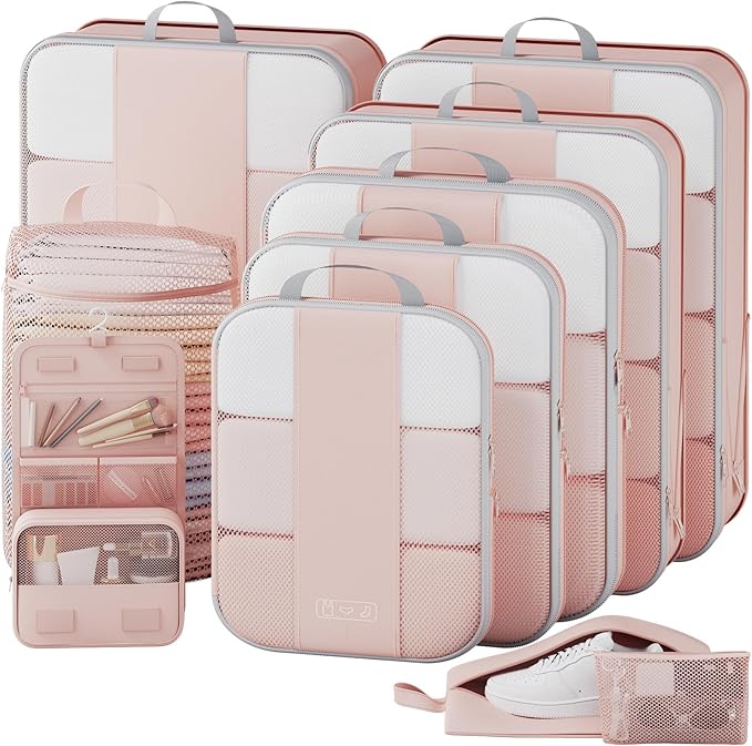 10 Set Compression Packing Cubes for Travel Gifts Women Mom,OlarHike Luggage Clothes Organizer for Travelers,Airplane/Cruise/Car/Train Travel Essentials,Compressible Expandable Saver Space Bags(Beige)