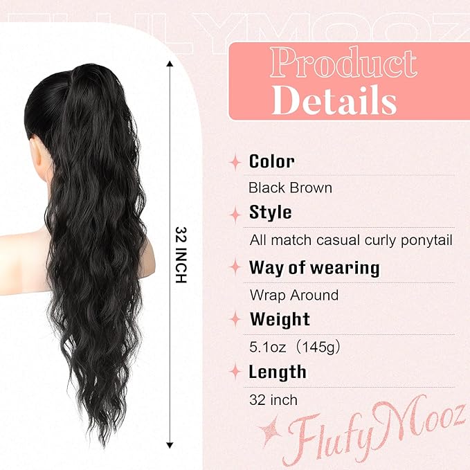 Flufymooz Ponytail Extension, Flexible Wrap Around Ponytail Extension Long Wavy Curly Ponytail Hair Extensions Natural pony tail Synthetic Hairpiece for Women 32 Inch (Black Brown)