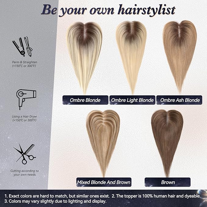 starluck Hair Toppers for Women Real Human Hair No Bangs, 100% Remy HumanHair Toppers for Women Hand-woven with Thinning,Cover Gray Roots,Adds Volume, Mixed Blonde And Brown