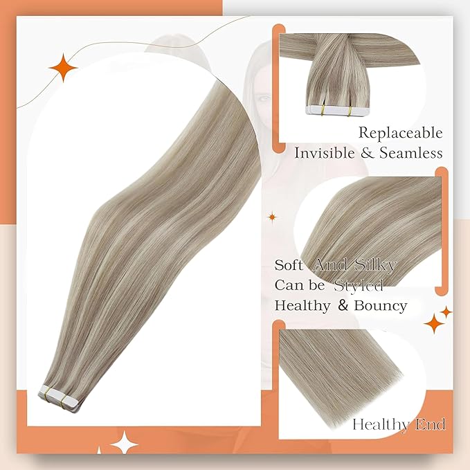 Full Shine Tape in Hair Extensions Human Hair Blonde Tape in Extensions Color 18 Ash Blonde Highlighted 613 Blonde 18Inch Seamless Invisible Skin Weft 100G for Wedding 40Pcs