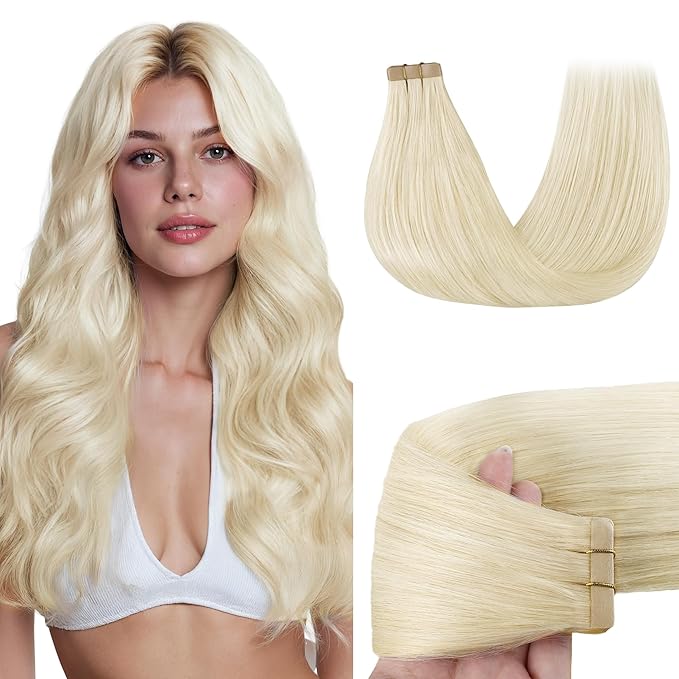 GOO GOO Tape in Hair Extensions Human Hair, 1000 Pure Platinum Blonde, 18inch 50g 20pcs, Skin Weft Seamless Invisible, Silky Straight with Thick Ends, Remy Human Hair