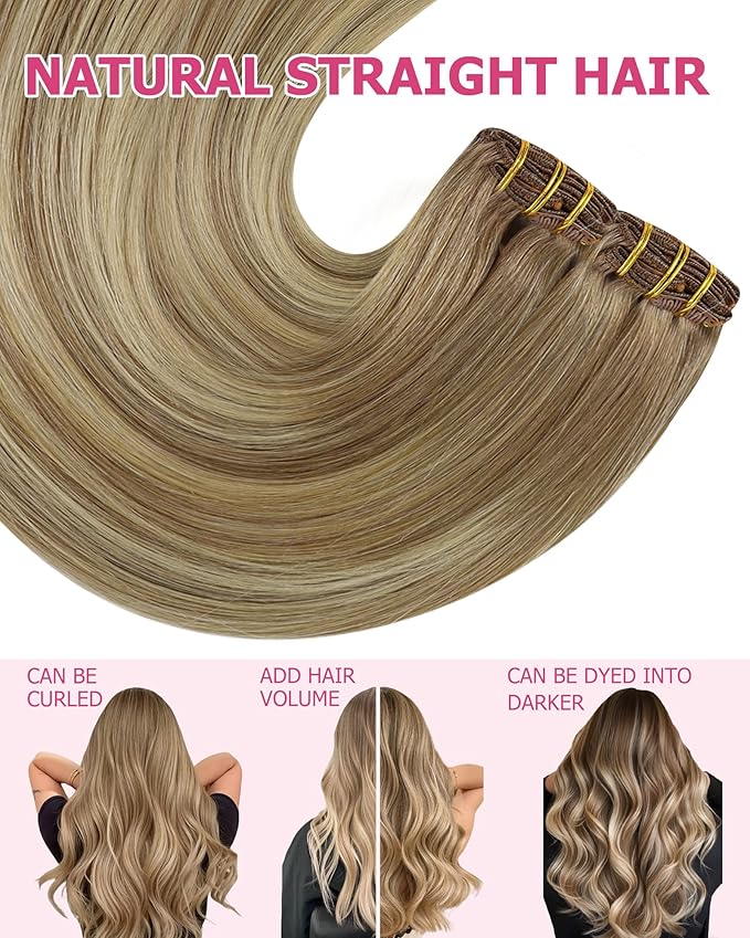 YoungSee Clip in Hair Extensions Balayage Light Brown Mix Platinum Blonde Clip in Extensions Real Human Hair Light Brown Soft Remy Hair Clip ins Extensions 120G 18Inch 7Pcs