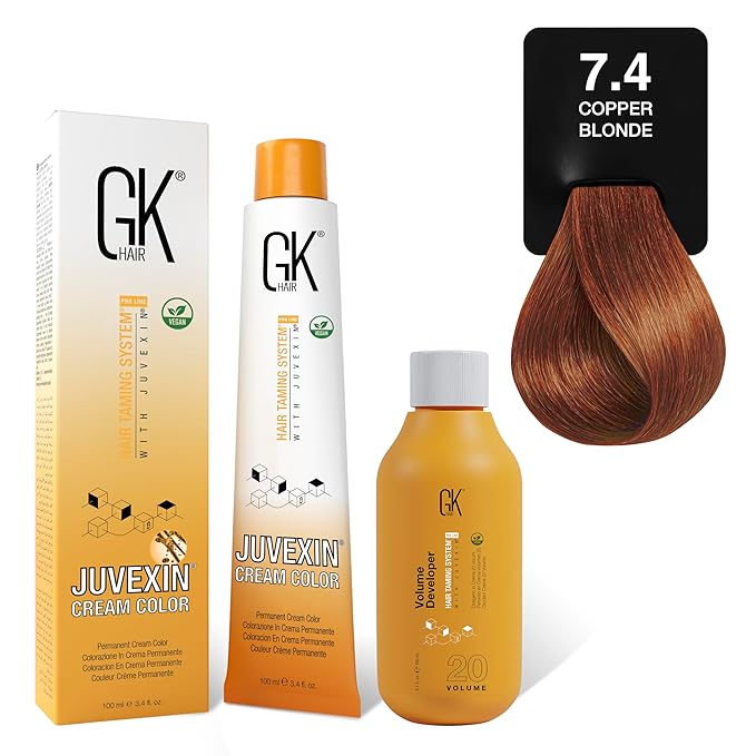 GK HAIR Global Keratin Copper Blonde 7.4 Hair Color Cream Tube (3.4 Fl Oz/100ml) + 20 Volume Developer (5 Fl Oz/150ml) - Professional Permanent Long Lasting Toner Dye