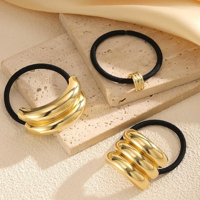 3PCS Gold Hair Ties, Metal Hair Ties for Thick Hair, Elegant Durable Geometric Design, Gold Hair Accessories Stretchy and Non-Damage Ponytail Holders