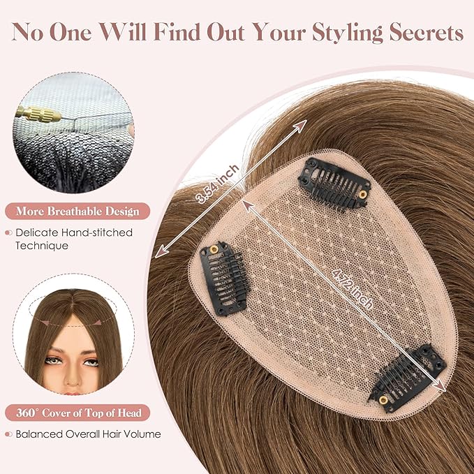 Hairro Human Hair Toppers Free Parted, 3.5x4.7" Base Hand-wovened 100% Real Hairpieces, with Invisible Clips-in for Women, for High Hairline/Adding Volume on Top, 14 Inch Mocha Brown