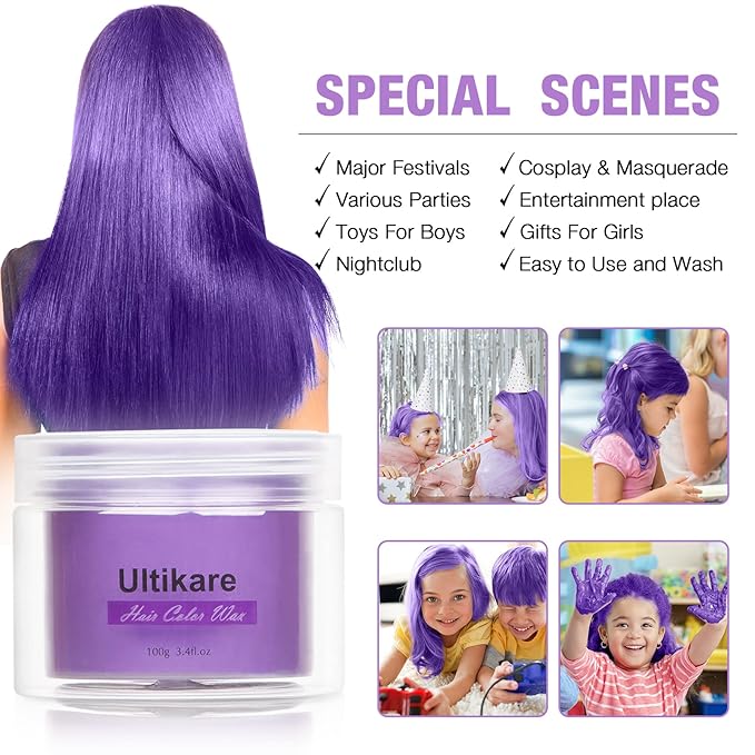 Color Wax for Natural Hair Temporary, Ultikare Hair Color Wax Purple Hair Dye Pomade Styling Instant Mud Cream Gel 3.4 Fl Oz Girl Gifts, Party, Cosplay DIY, Children's Day