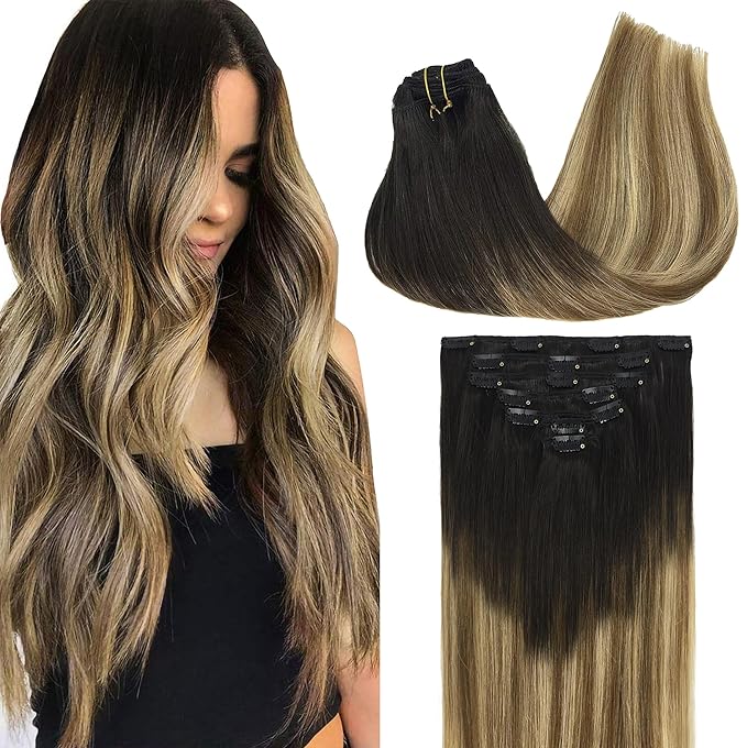 GOO GOO Clip in Hair Extensions Real Human Hair, Remy Human Hair Extensions Clip ins for Women, Natural Human Hair, 22inch 120g 7Pcs, 2/6/18 Balayage Brown to Dirty Blonde