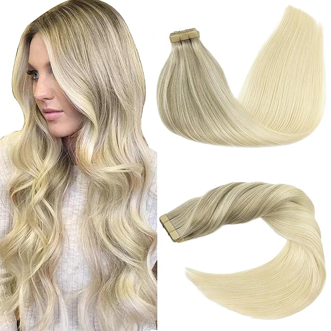 GOO GOO Tape in Hair Extensions Human Hair, 17/22/60 Ash Blonde to Golden Blonde and Platinum Blonde, 16inch 50g 20pcs, Skin Weft Seamless Invisible, Silky Straight with Thick Ends, Remy Human Hair