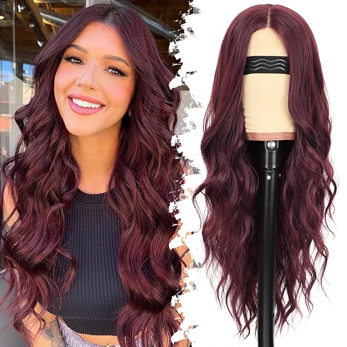 Wine Red Wig for Women Long Wavy 4x1 Lace Natural Hairline Glueless for Beginners Middle Part Synthetic for Daily Party Use 26Inch