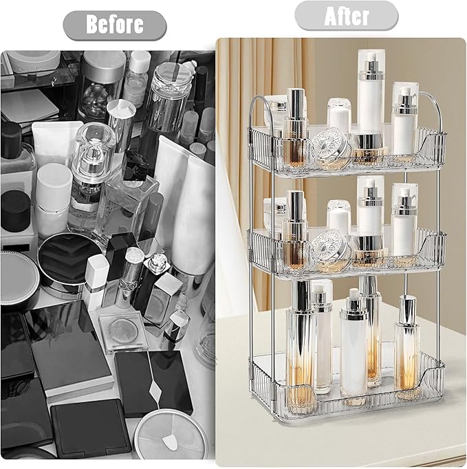 Bathroom Counter Organizer Countertop Storage Skincare Countertop Makeup Organizer Cosmetics Skincare Organizers Holder for Perfume-Grey-Silver Pole-3 Tier