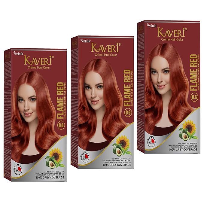 Kaveri Creme Hair Color Permanent Hair Dye Color - With Improved Creme Formula for Gray Coverage Ammonia Free Hair Color Dye for Rich Bright Long lasting (Flame Red, 3.04 Fl Oz) - Pack Of 3