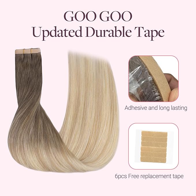 GOO GOO Tape in Hair Extensions Human Hair, 9/18J/60 Chocolate Brown to Champagne Blonde Balayage, 18inch 50g 20pcs, Skin Weft Seamless Invisible, Silky Straight with Thick Ends, Remy Human Hair