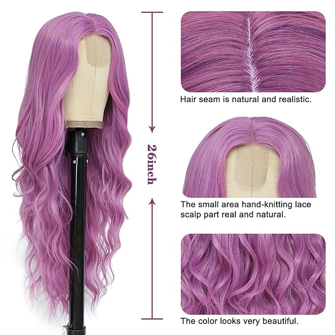 NAYOO Long Purple Wavy Wig for Women 26 Inch Middle Part Curly Wavy Wig Natural Looking Synthetic Heat Resistant Fiber for Daily Party (Purple)