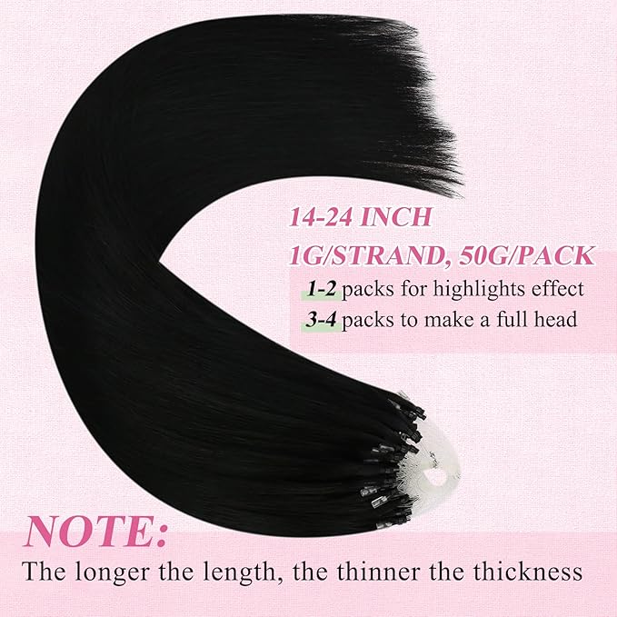 YoungSee Micro Link Hair Extensions Human Hair Black Microbead Hair Extensions Jet Black Micro Loop Hair Extension Human Hair 18 Inch 1g/s 50g Micro Hair Extension #1 for Everyday Wear