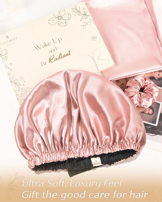 YANIBEST Adjustable Satin Bonnet Double Layer Hair Bonnet for Sleeping Bonnets for Women Hats Curly Natural Hair, Blush Pink