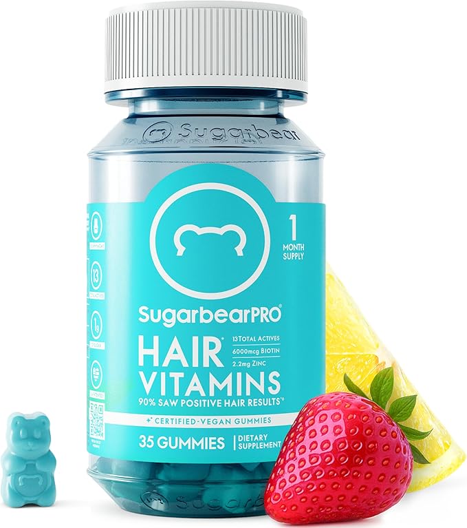SugarBearPro Hair Vitamin Gummy 35 Day Supply, Extra Strength Biotin 6000mcg for Hair Growth, Vegan Vitamin B12, MSM, Inositol, Omega 3, Elderberry, Certified Kosher, Halal, Cruelty-Free