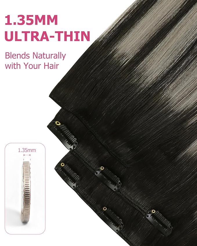YoungSee Balayage Clip in Hair Extensions Black Silver Clip in Human Hair Extensions Ombre Black Mix Silver Clip in Hair Extensions Real Human Hair for Women 24inch 7Pcs 120G