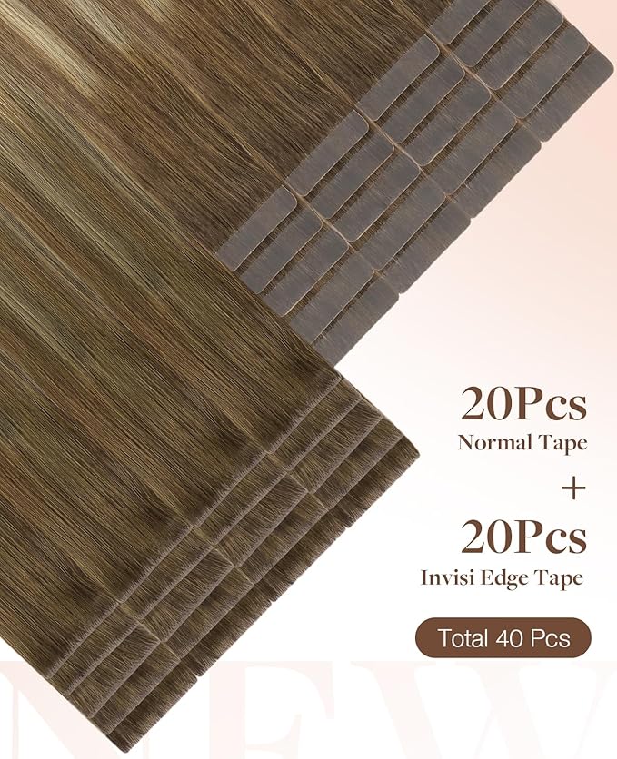 GOO GOO Invisi Edge Tape in Hair Extensions Human Hair, 3/8/613 Walnut Brown to Ash Brown and Bleach Blonde 20pcs injected with 20pcs classical tape ins, 18inch 100g, Virgin Remy Hair, Natural Look
