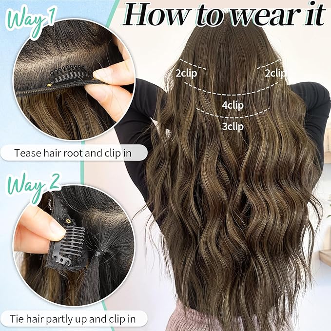 KooKaStyle Clip in Synthetic Highlight Hair Extensions Long Wavy 4PCS Thick Hairpieces Balayage Chocolate Brown to Caramel Blonde Fiber Double Weft Natural Hair Extensions 20 Inch for Women