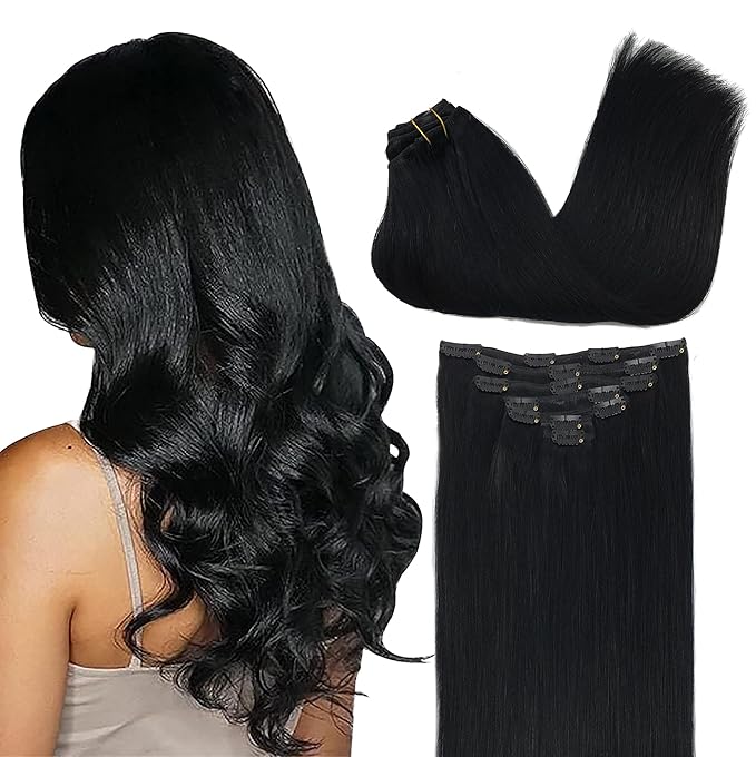 GOO GOO Clip in Hair Extensions Real Human Hair, Remy Human Hair Extensions Clip ins for Women, Natural Human Hair, 20inch 160g 7Pcs, #1 Jet Black