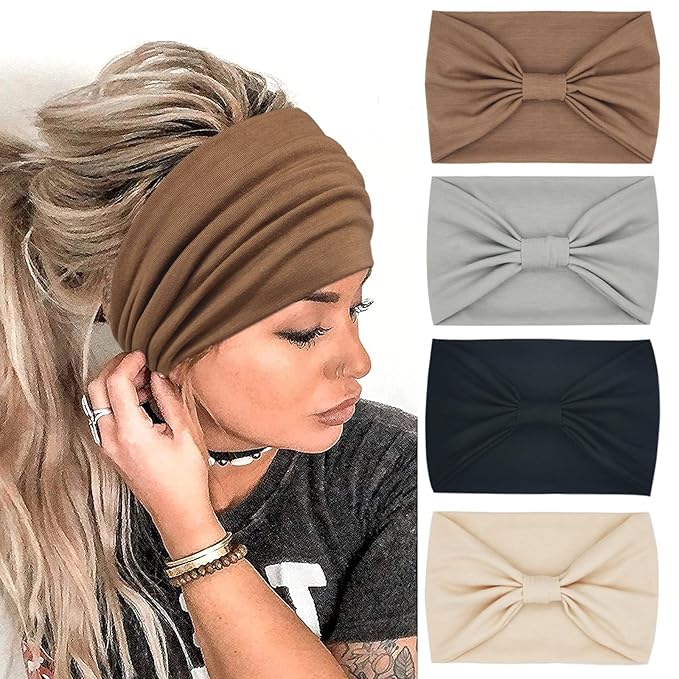Wide Boho Headbands for Women Fashion Knotted Headband Yoga Workout Hair Accessories African Head Wrap 4 Pack