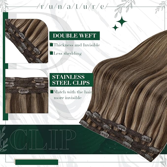 RUNATURE Real Hair Extensions Clip in Human Hair, Remy Clip in Hair Extensions Real Human Hair, Tangle-free Soft Natural Hair for Women, 12 Inch 50g 3pcs #3P12 Walnut Brown Highlight Blonde