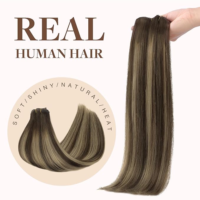 GOO GOO Clip in Hair Extensions Real Human Hair, Remy Human Hair Extensions Clip ins for Women, Natural Human Hair, 20inch 130g 7Pcs, #4/26/4 Balayage Chocolate Brown to Honey Blonde