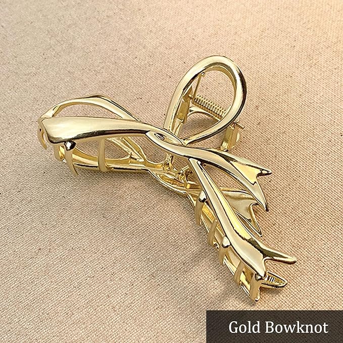 Gold Ribbon Bow Hair Clips - Alloy Non-Slip Claw Clips with Strong Hold Grip for Thick, Thin Hair Accessories (1Pcs)